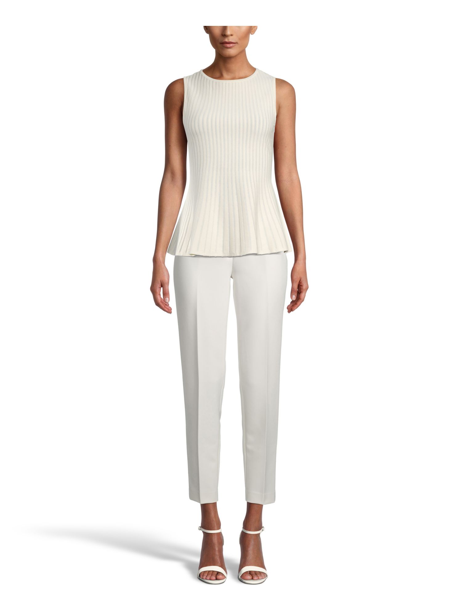ANNE KLEIN Womens Ivory Ribbed Knit Sleeveless Crew Neck Peplum Top XS
